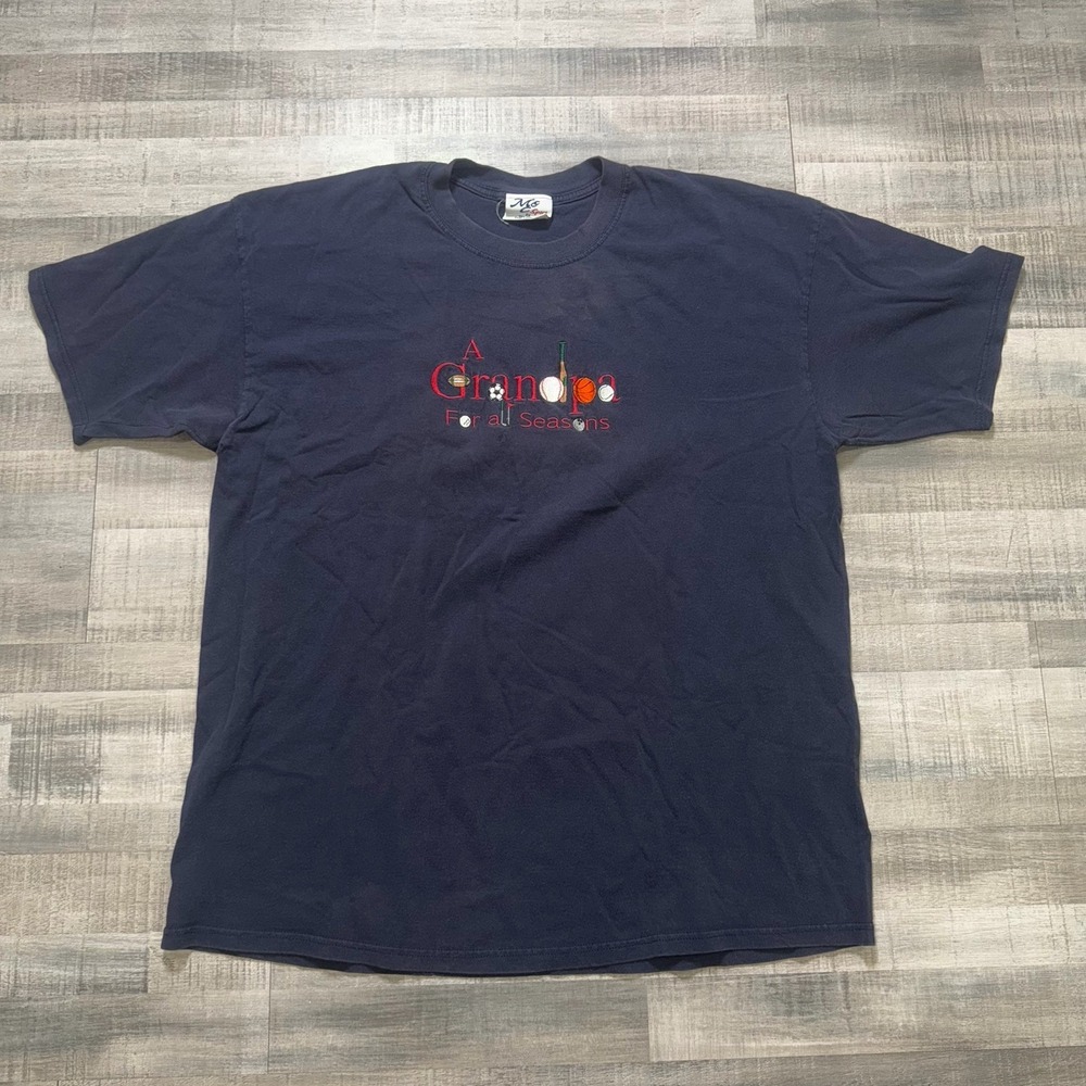 Vintage M&C 'A Grandpa For All Season' T-Shirt Embroidered Logo Graphic 2XL Navy